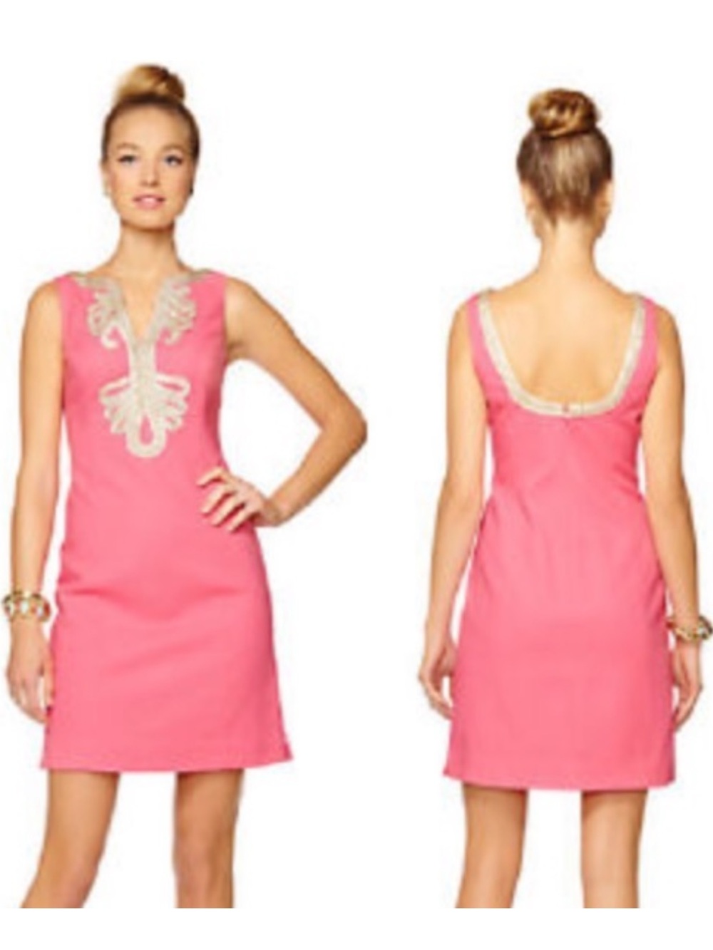 Lilly Pulitzer Sleeveless Janice Shift Dress Pink Salmon Gold Trim 10